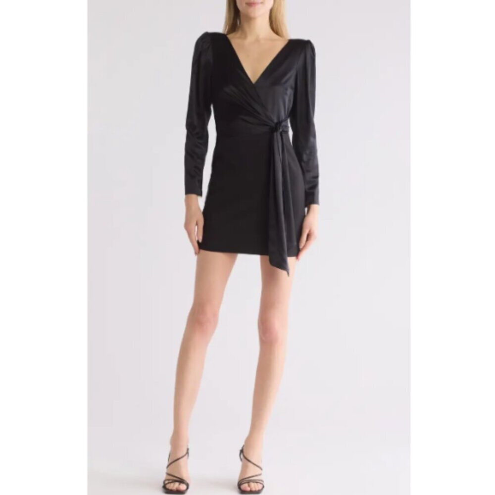 CINQ À SEPT 'Layne' Long Sleeve Silk-Satin Faux-Wrap Minidress, Black